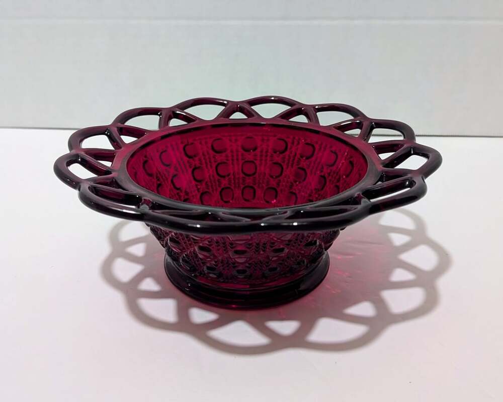 Vintage Imperial Ruby Red Button and Cane Open Lace Edge Glass Bowl Classic